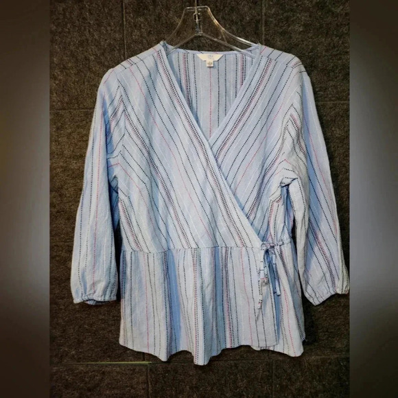 Time & Tru Ladies Wrap Top Size L 12-14 Blue Stitching V-Neck Peplum Blouse - Picture 1 of 7